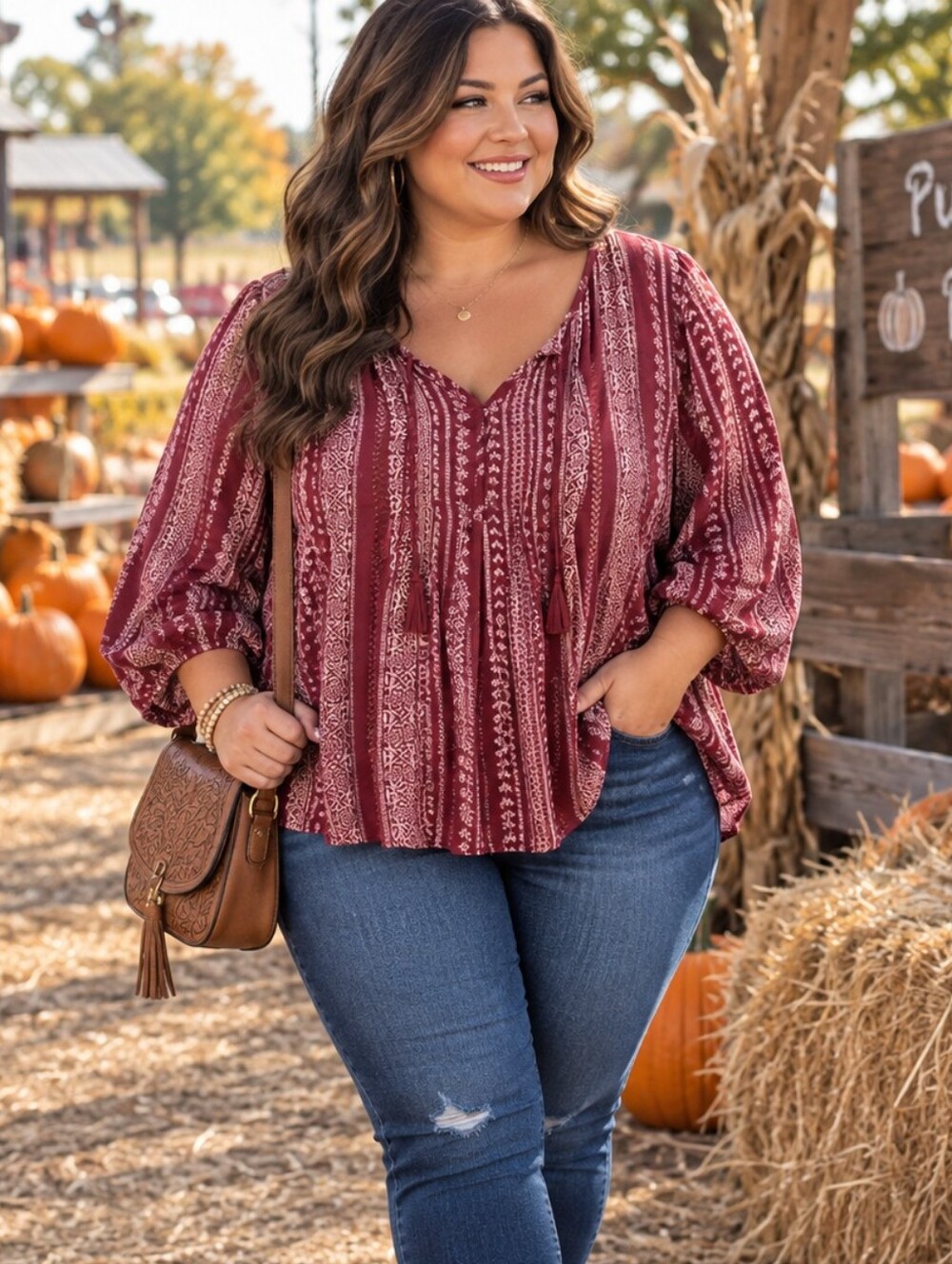 Sonoma Burgandy V Neck Balloon Sleeve Tunic Blouse EUC